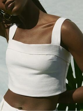 Abercrombie & Fitch Medium White Linen Cotton Crop Top Coastal Minimalist